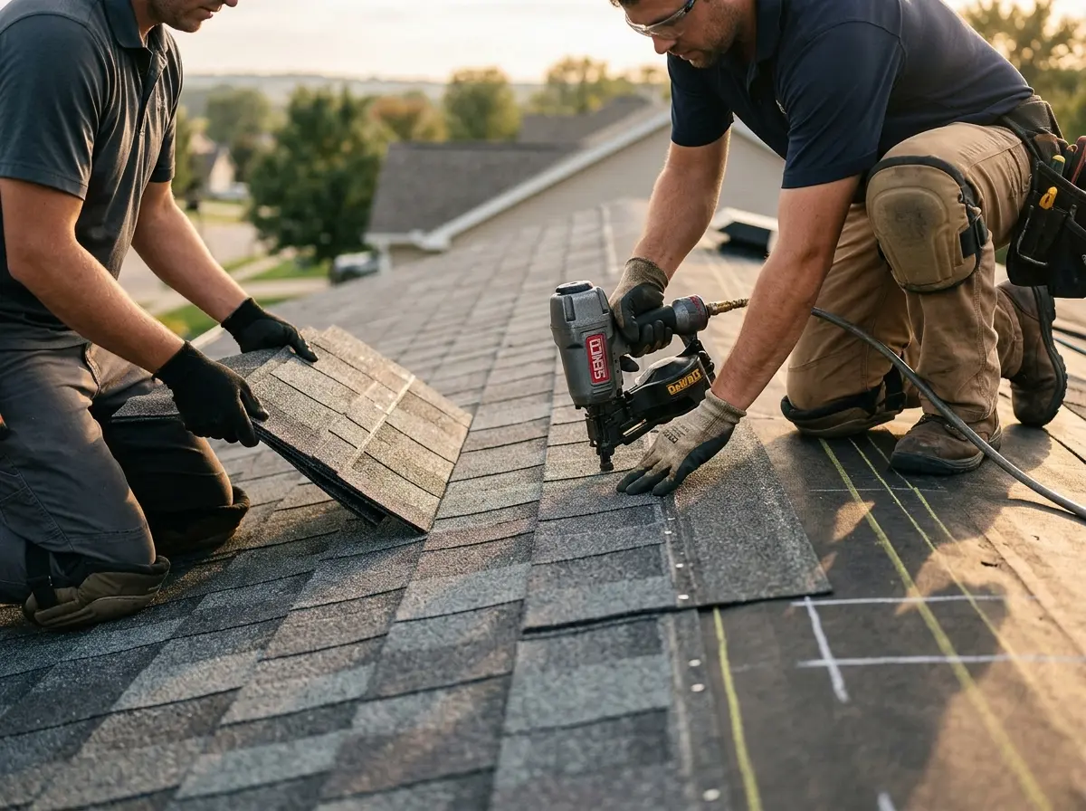 Professional roofer working on a residential roof in Shoreline